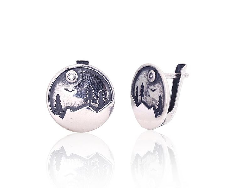 Серебряные серьги с цирконами и английским замком, оксидированное серебро 925°