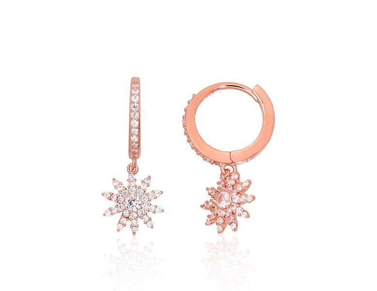 Silver Earrings with Round Clasp, Rose Gold Plating, and Zirconia