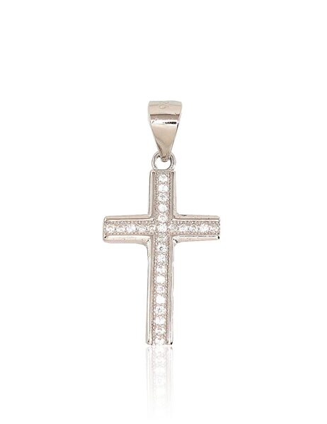 Silver Cross Pendant with Zirconia – 925°, Rhodium, 27 mm