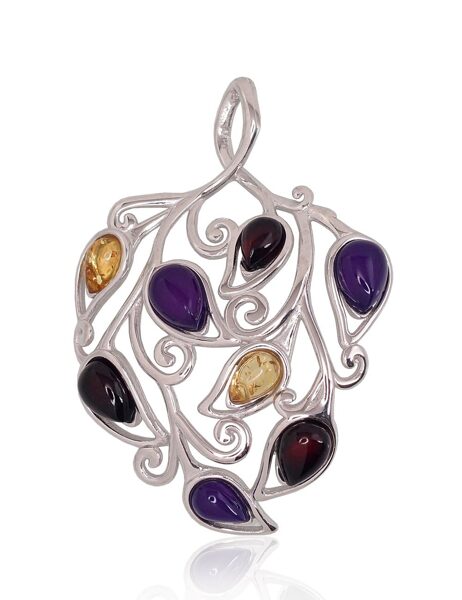 Silver Pendant with Amethyst and Amber, 925°, Rhodium Plated