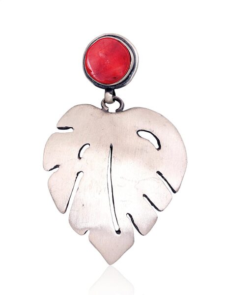 Silver pendant Leaf with Coral, oxidized plating