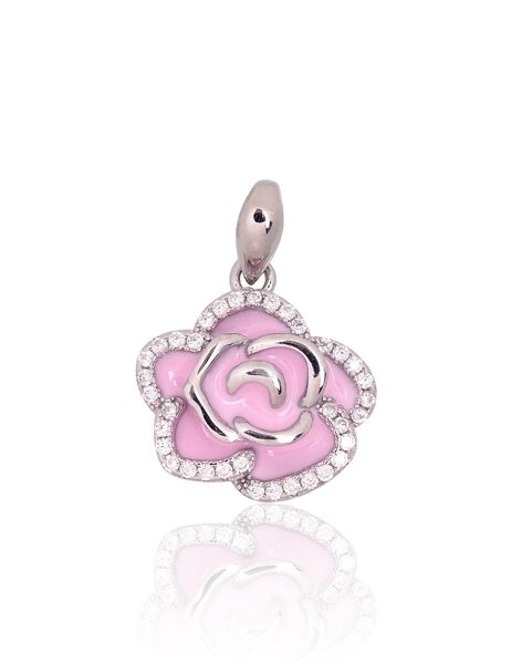 Silver Pendant in the Shape of a Pink Rose with Zirconia