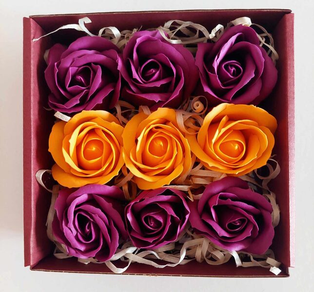 Soap Flowers in a Box - 9 Roses - Violet/Orange