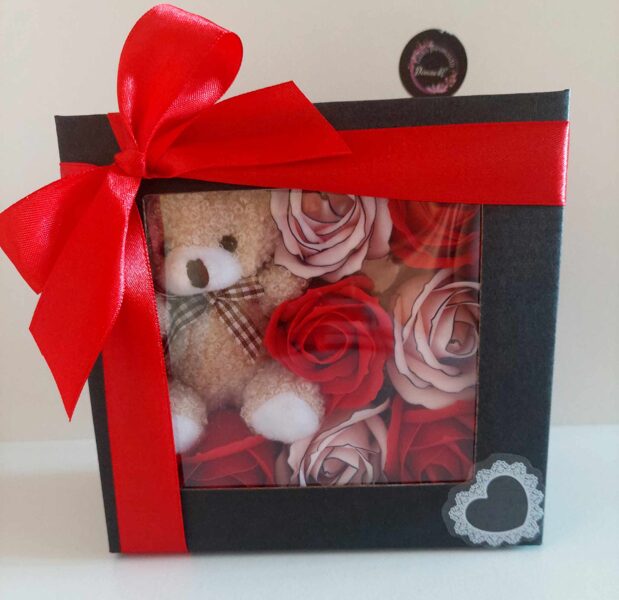 Soap Roses in a Box with Teddy Bear - Pink/Red