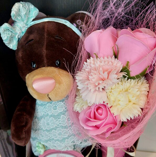 Sweet Gift Set for Women, Girls or Kids – Teddy Bear, Soap Flowers & Fizz Lip Balm