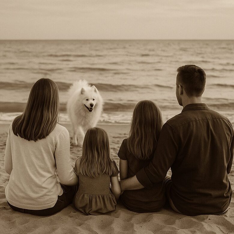 A symbolic photograph of the Dāvana4U family business – parents with two daughters sitting by the sea, with a running Samoyed, in a sepia tone.
