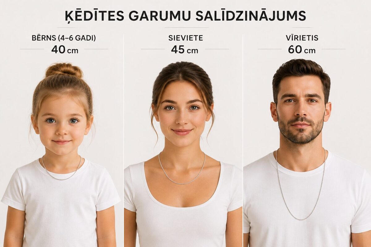 ķēdīšu garuma salīdzinājums bērnam, sievietei un vīrietim – 40 cm, 45 cm un 60 cm