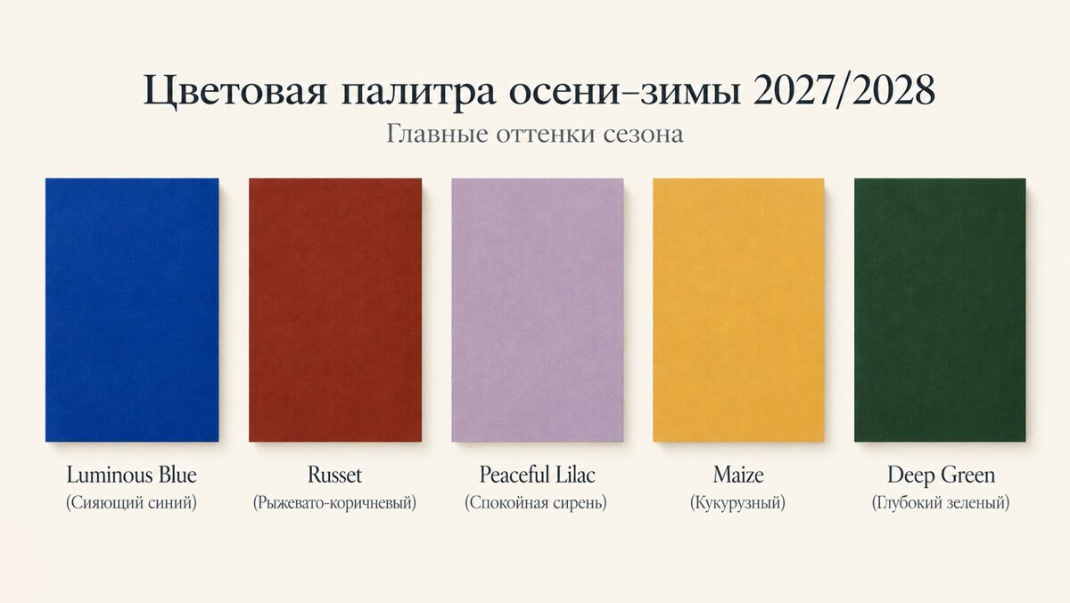 Цветовая палитра осень–зима 2027/2028 – Luminous Blue, Russet, Peaceful Lilac, Maize и Deep Green