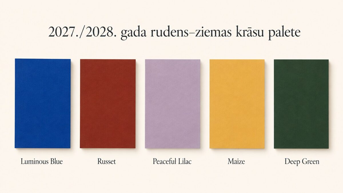 2027./2028. gada rudens–ziemas krāsu palete – Luminous Blue, Russet, Peaceful Lilac, Maize un Deep Green