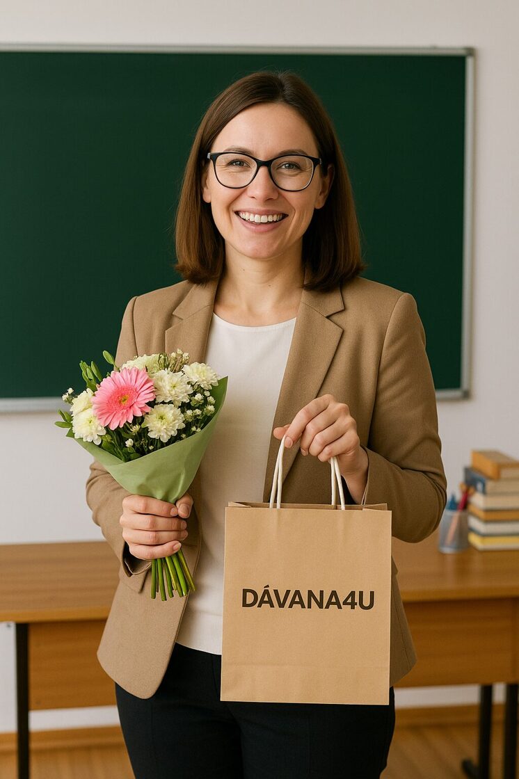 Skolotāja ar ziediem un Dāvana4u dāvanu maisiņu Skolotāju dienā