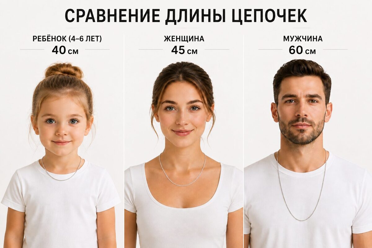 Сравнение длины цепочек для детей, женщин и мужчин – 40, 45 и 60 см