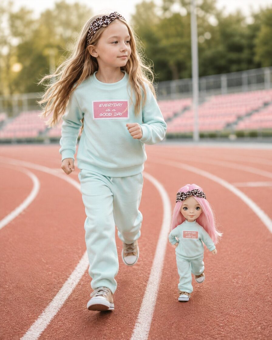 Lelle bērnu iztēles spēlē – meitene un lelle vienā sportiskā tēlā skriešanas trasē