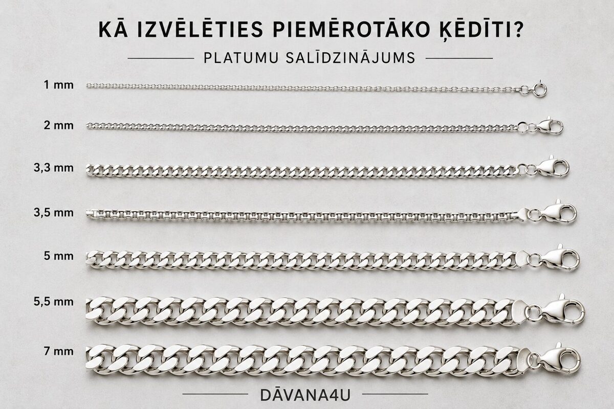 ķēdīšu platumu salīdzinājums no 1 mm līdz 7 mm