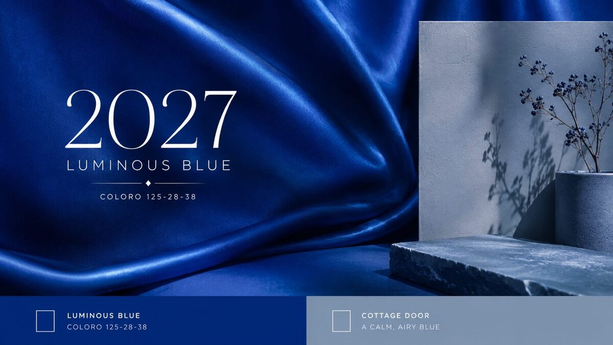 2027. gada krāsa Luminous Blue un Cottage Door zilie toņi